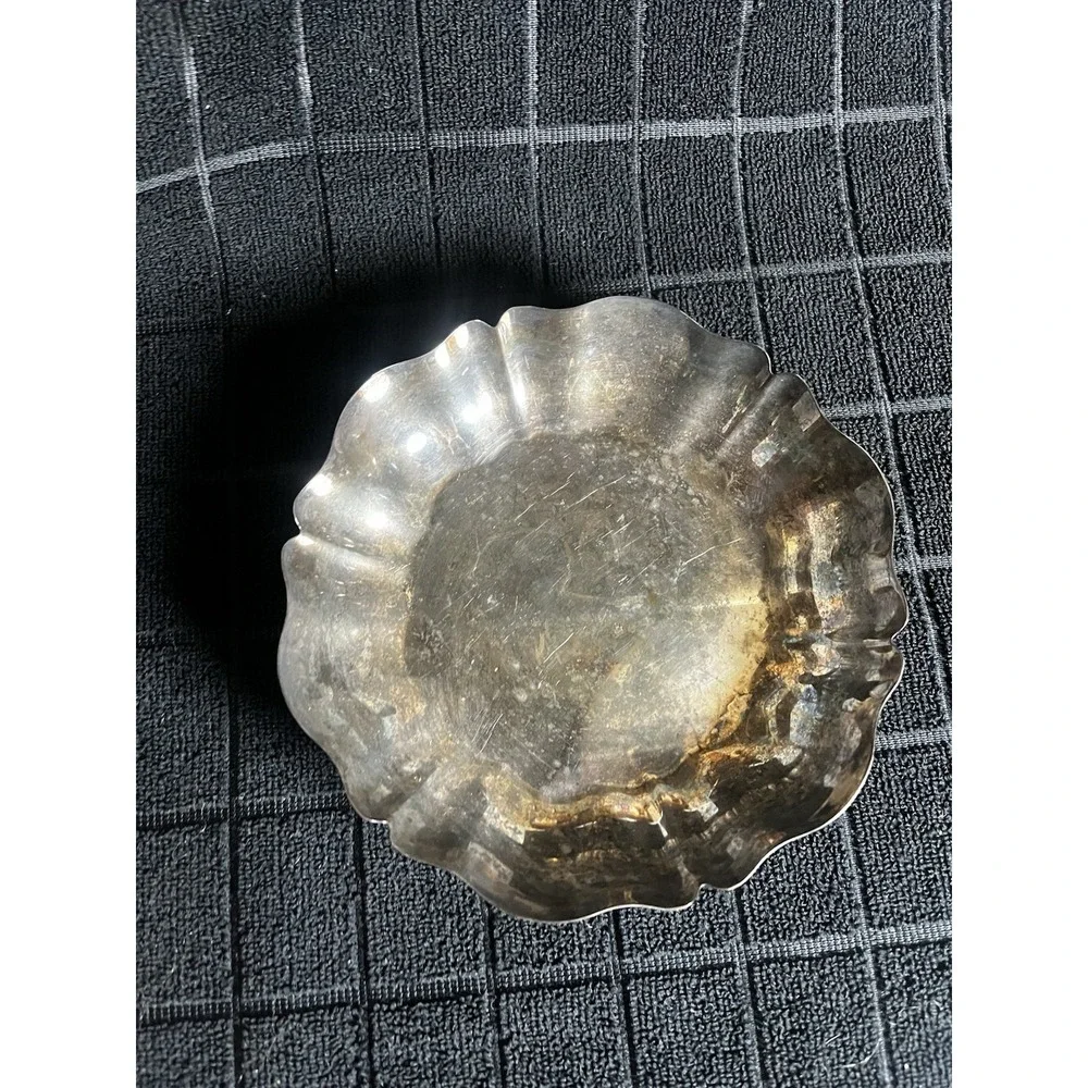 Vintage Silverplate Footed Bowl Dish Scalloped Edge Tarnished Patina 6